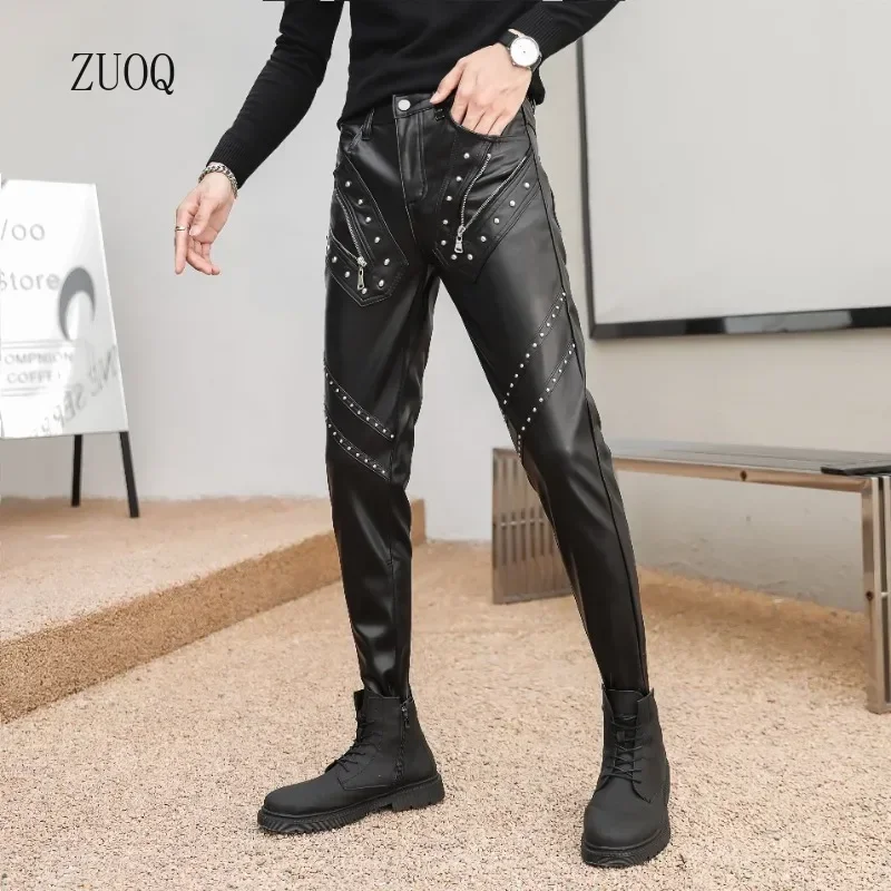 2025 New Arrived Skinny Biker Leather Pants Men\'s New Faux Leather Biker Trousers for Male Trouser Stage Club Wear
