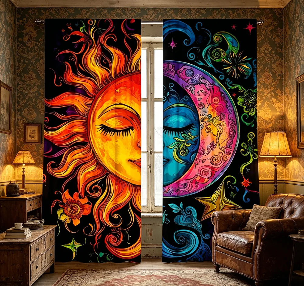 2PCS Digital Printed Curtains, Colorful Sun Moon Pattern, Celestial Boho Style for Living Room Bedroom Apartment Home Decor