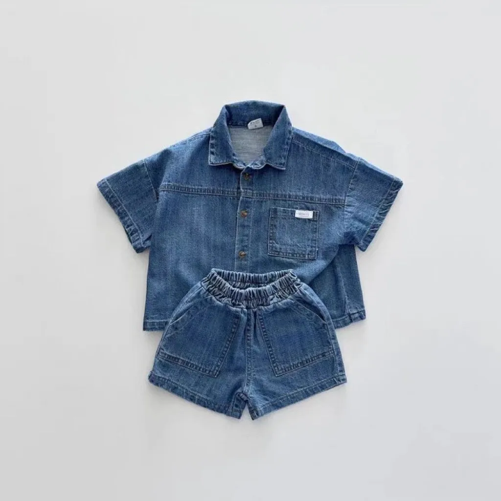 2026 Summer New Baby Short Sleeve Clothes Set Boys Fashion Denim Coat + Shorts 2pcs Suit Toddler Girls Versatile Casual Outfits