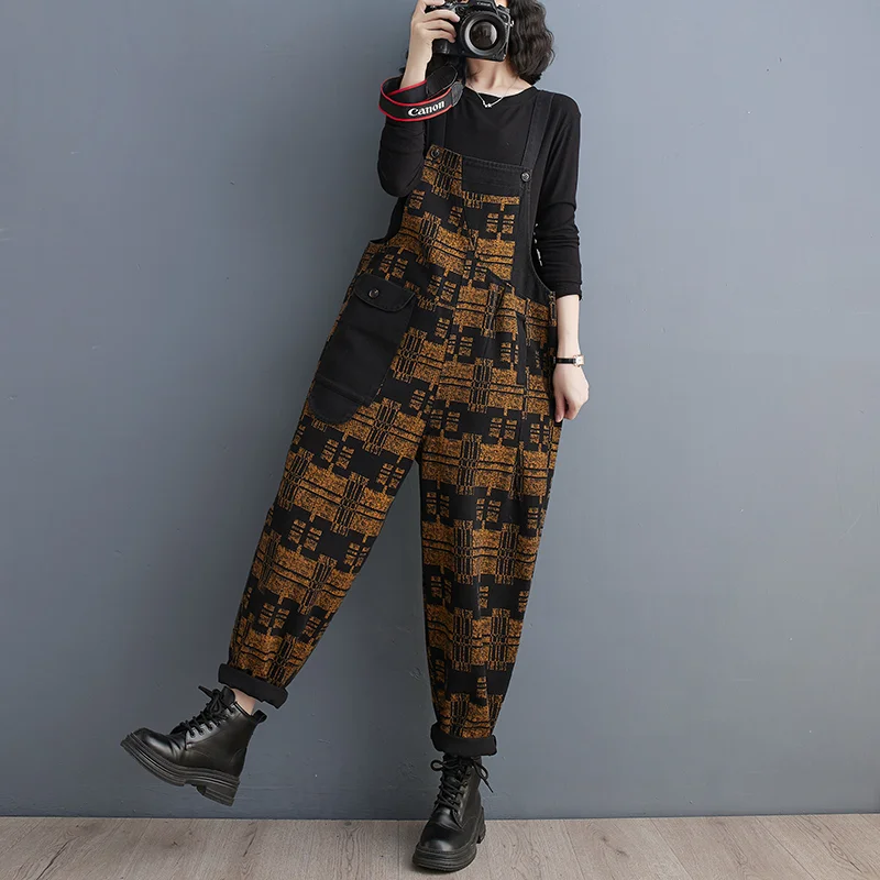 

Retro Printed Denim Jumpsuit Women Spring Autumn Loose patchwork Large Pockets Overalls Loose Versatile Jean Haren Pants