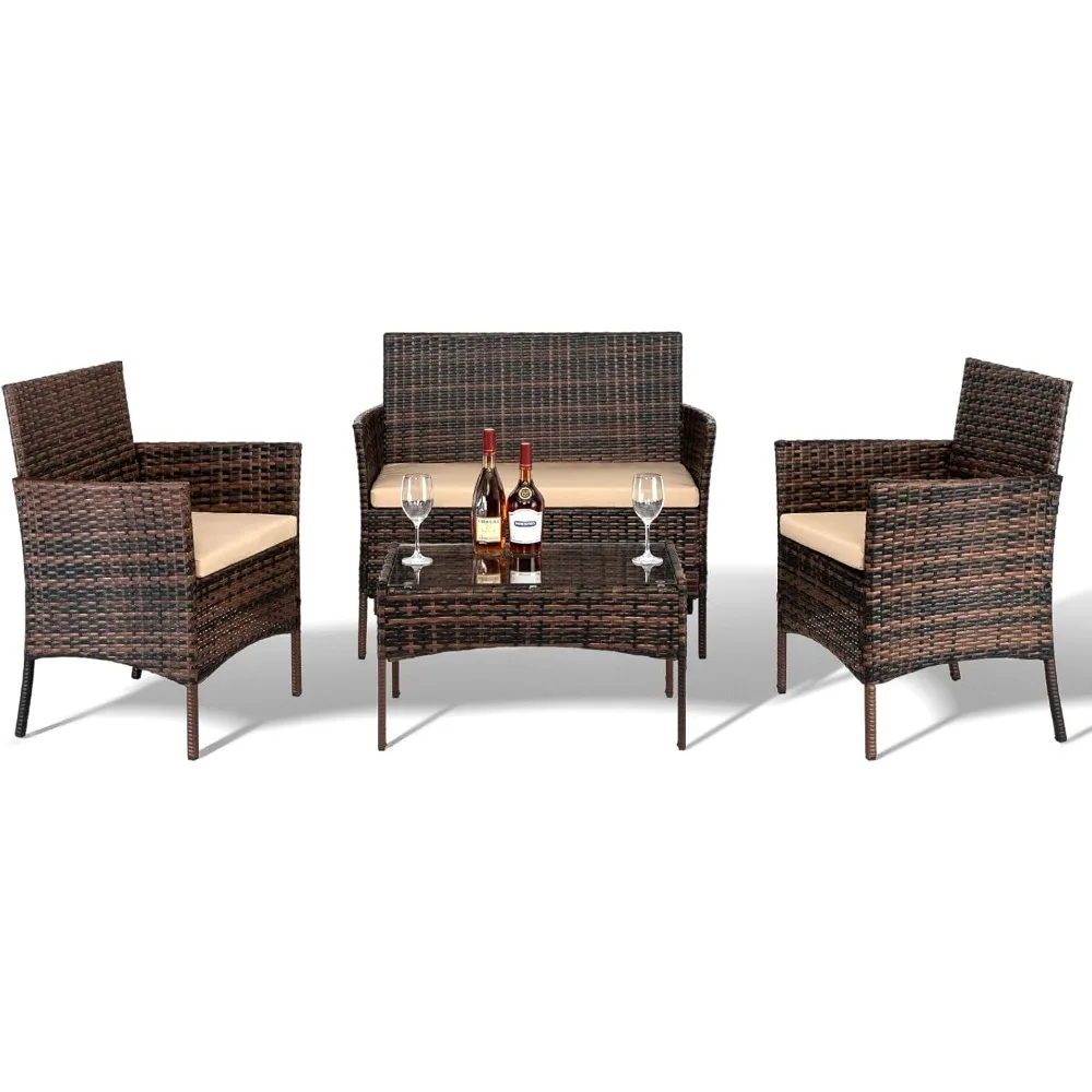 

4 Pieces Patio Furniture Set, Rattan Conversation Sets with Loveseat Soft Cushion and Glass Table for Garden Backyard Balcony P
