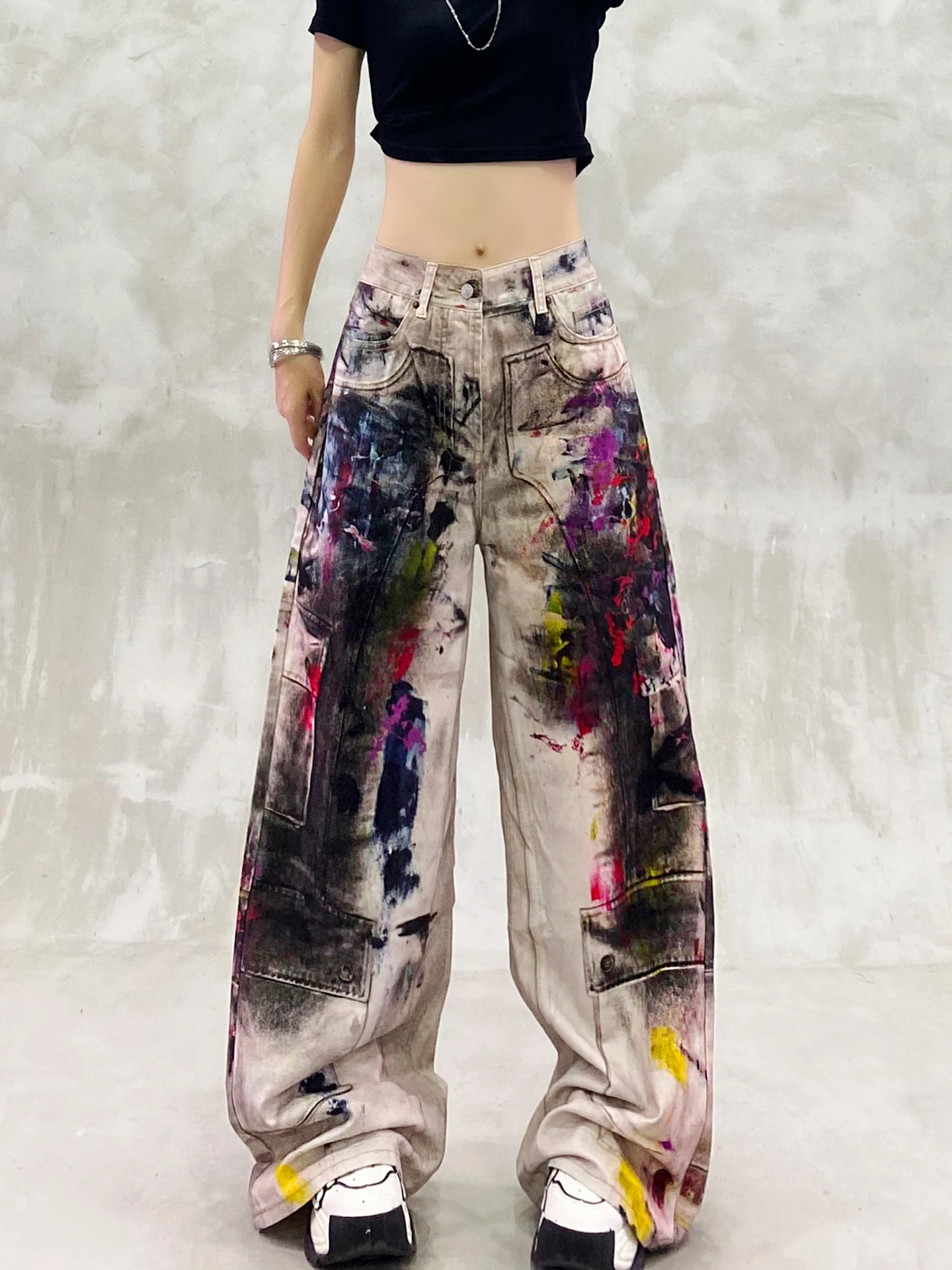 Cool Colorful Graffiti Jeans 2025 Summer New High Waist Loose Slimming Versatile Straight Wide Leg Floor-Length Pants
