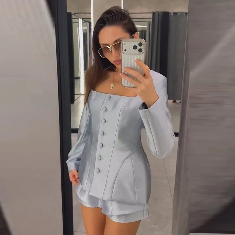 Casual Button Jacket Shorts Suit Women Solid Full Sleeve Square Collar Jackets Mini High Waist Short 2026 Autumn Set Lady New
