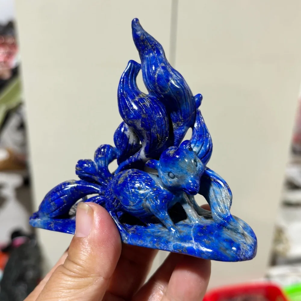 Natural Lapis Lazuli Nine‑Tailed Fox Carving Crystal Fox Statue Mythical Beast Altar Home Decor Spiritual Collectible Gift