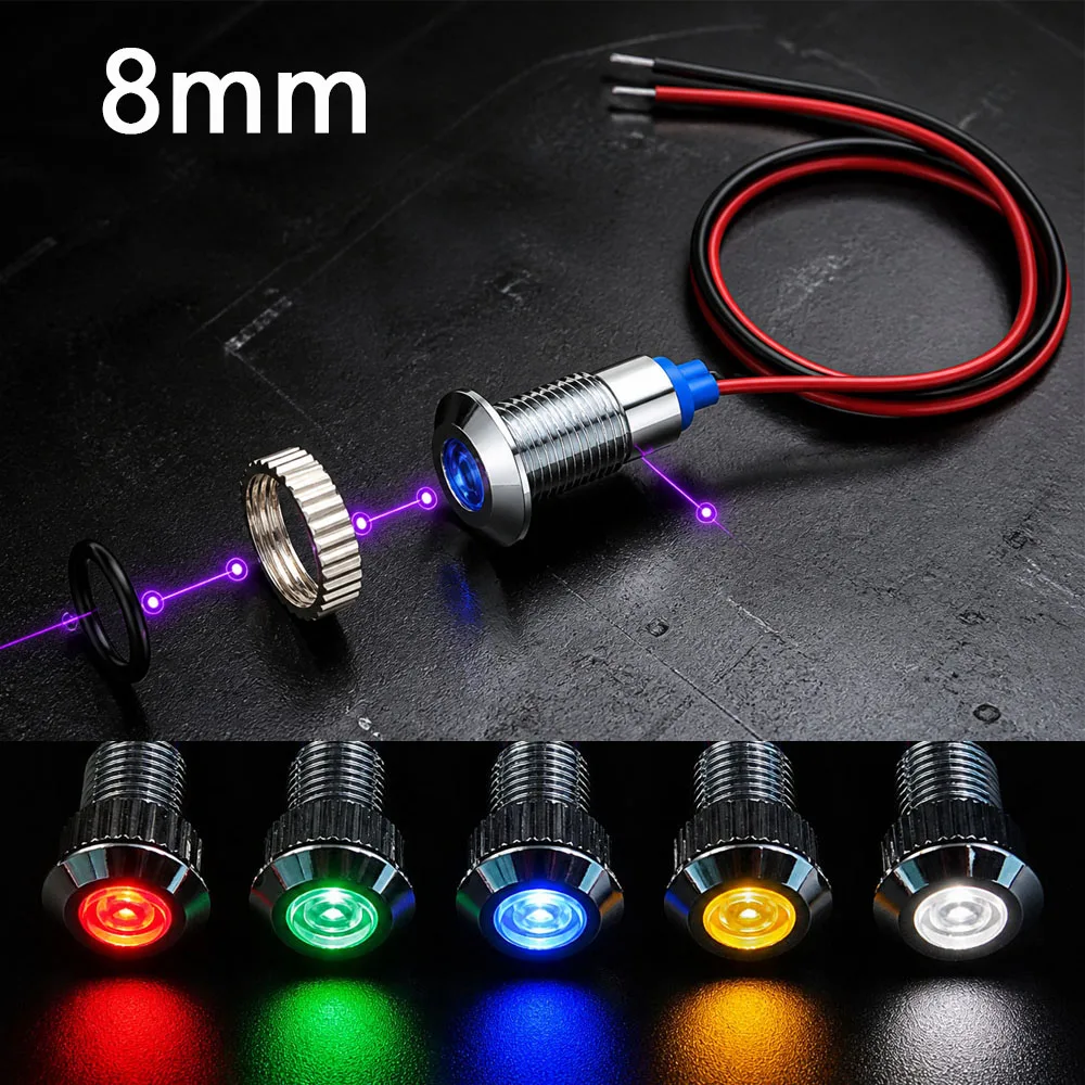 

8mm Metal Indicator Light Line Length 15cm Waterproof Luminous LED Power Signal Lamp Red Blue Green Yellow White 3V 5V 12V 220V