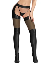 Comeondear Women's Sexy Faux Leather Pantyhose Night Club Tights Stretchy Legging Mesh High Thigh Hot Black Stockings for Female