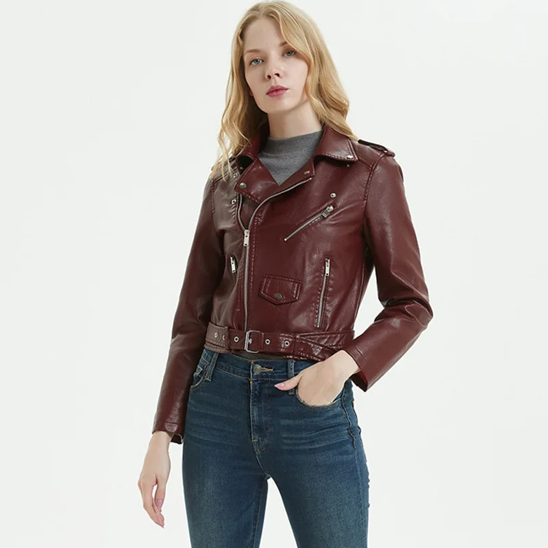 

Women's Washed PU Leather Jacket, Diagonal Zipper, Short and Handsome, Autumn, Winter,2025