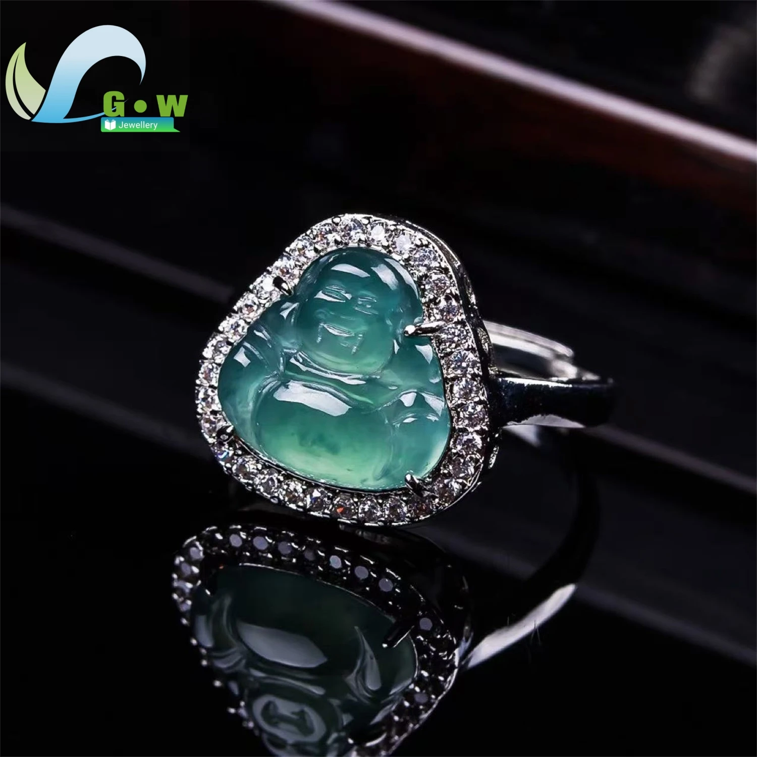 Natural A Grade Jadeite Blue Water Laughing Buddha Ring High Ice Premium Carved Finger Unisex Ethnic Style Jewelry Gift
