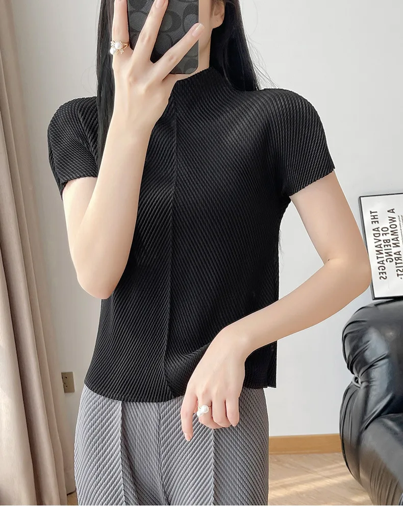 مياكي 2025 صيف جديد عالي الجودة متعدد الاستخدامات سليم قصير الأكمام المرأة الصيف البلوز القمم الوقوف طوق مطوي تي شيرت