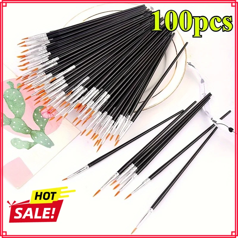 100pcs Painting Brushes Set Art Round Flat Hair Nylon Hair Paint Brush Pen for Oil Acrylic Watercolor School Art Supplies