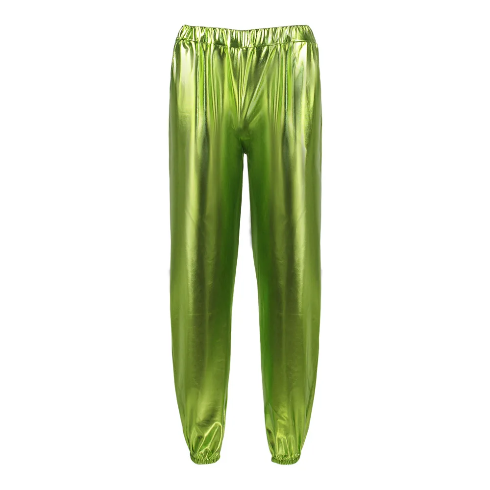 Loween تأثيري الذهب Eming الجلود الشارع الهيب هوب الاسمية أداء السراويل الليزر فضفاض المرأة السراويل المرحلة زي