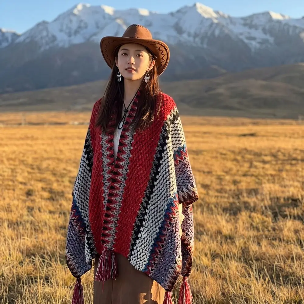 Classic Printing Ethnic Style Shawl Neck Wrap Warm Tassel Scarves Bohemian Stripe Poncho Cape Outdoor