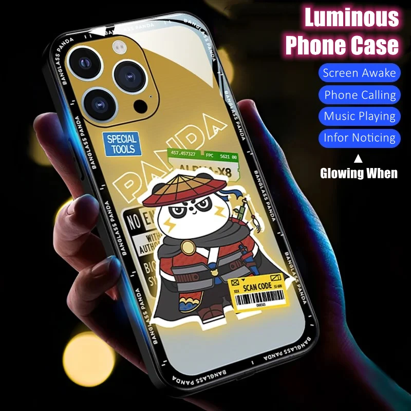 

Panda Hero LED Light Glowing Luminous Tempered Glass Phone Case for iPhone 11 12 13 14 15 X Xs Xr Mini Pro Max Plus Cover