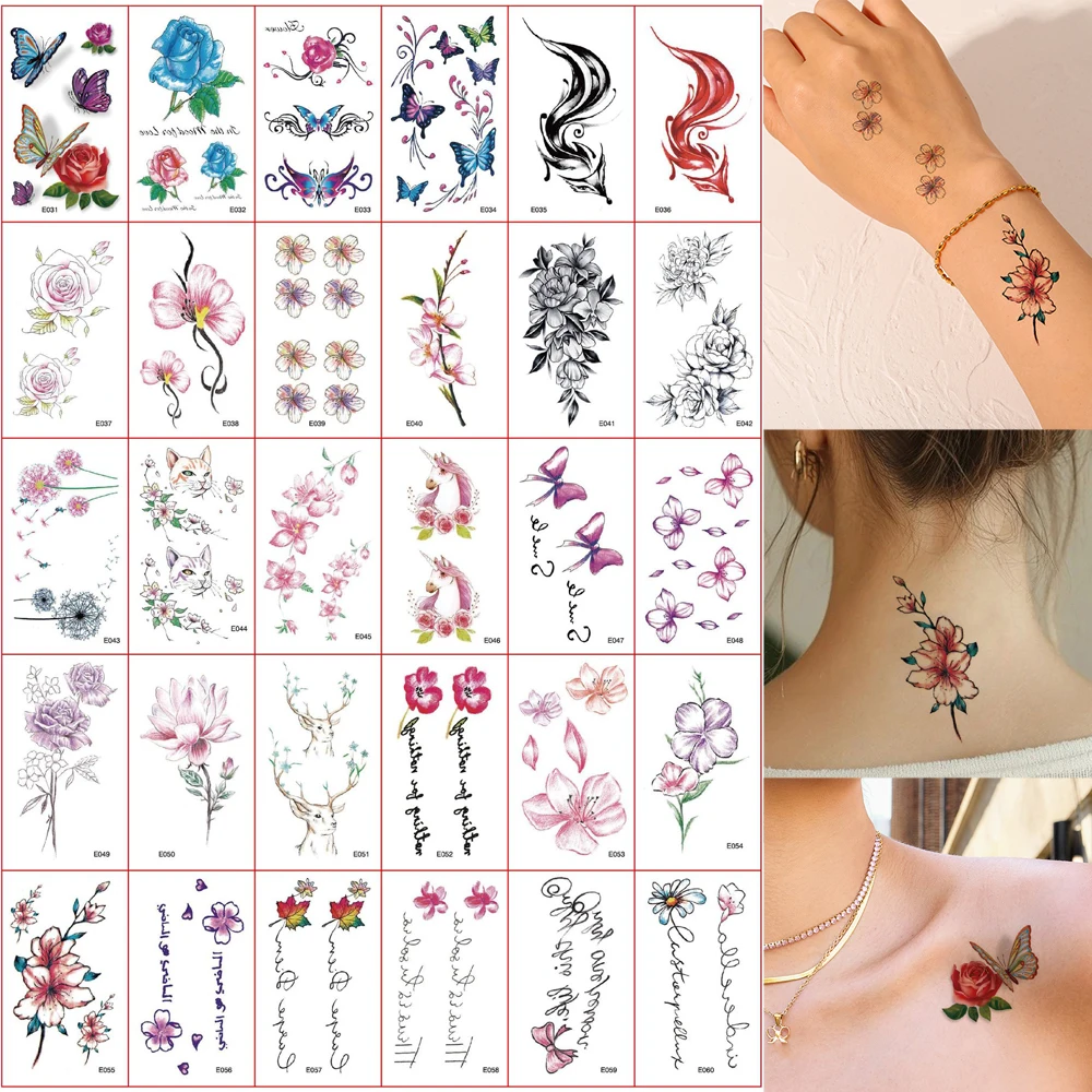 

30pcs Small Flower Tattoo Stickers Waterproof Wolf Floral Butterfly Temporary Tattoos For Women Men Body Art Hand Tattoo Fake