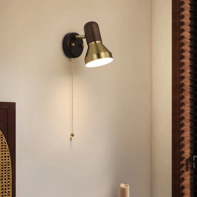 

Small Wall Light With Switch Gold Metal Dark Wood E27 Bulb For Bedroom Bedside Parlor Joint Design Adjustable Dropshipping