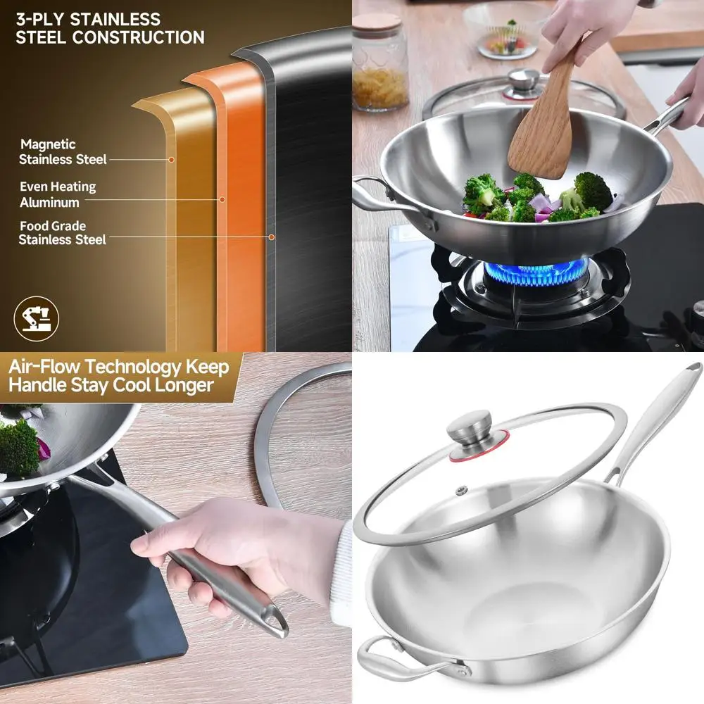 

13. Сверхмощный вок из нержавеющей стали с крышкой, индукционный и безопасный для духовки, съемная ручка, возможность мытья в посудомоечной машине.