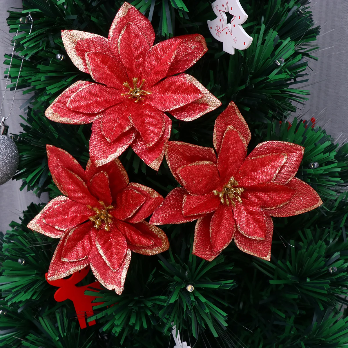 

12Pcs 13Cm Glitter Christmas Flower Simulation Decorative Flowers for Home Party Xmas Tree Ornament Decoration Red