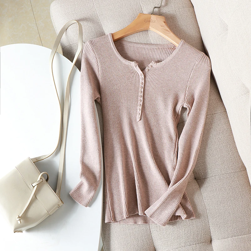 Women Autumn Knitted Slim Sweaters Solid Knitted Cotton Button V-neck Soft Elastic Pullovers Button Long Sleeve Female Sweater