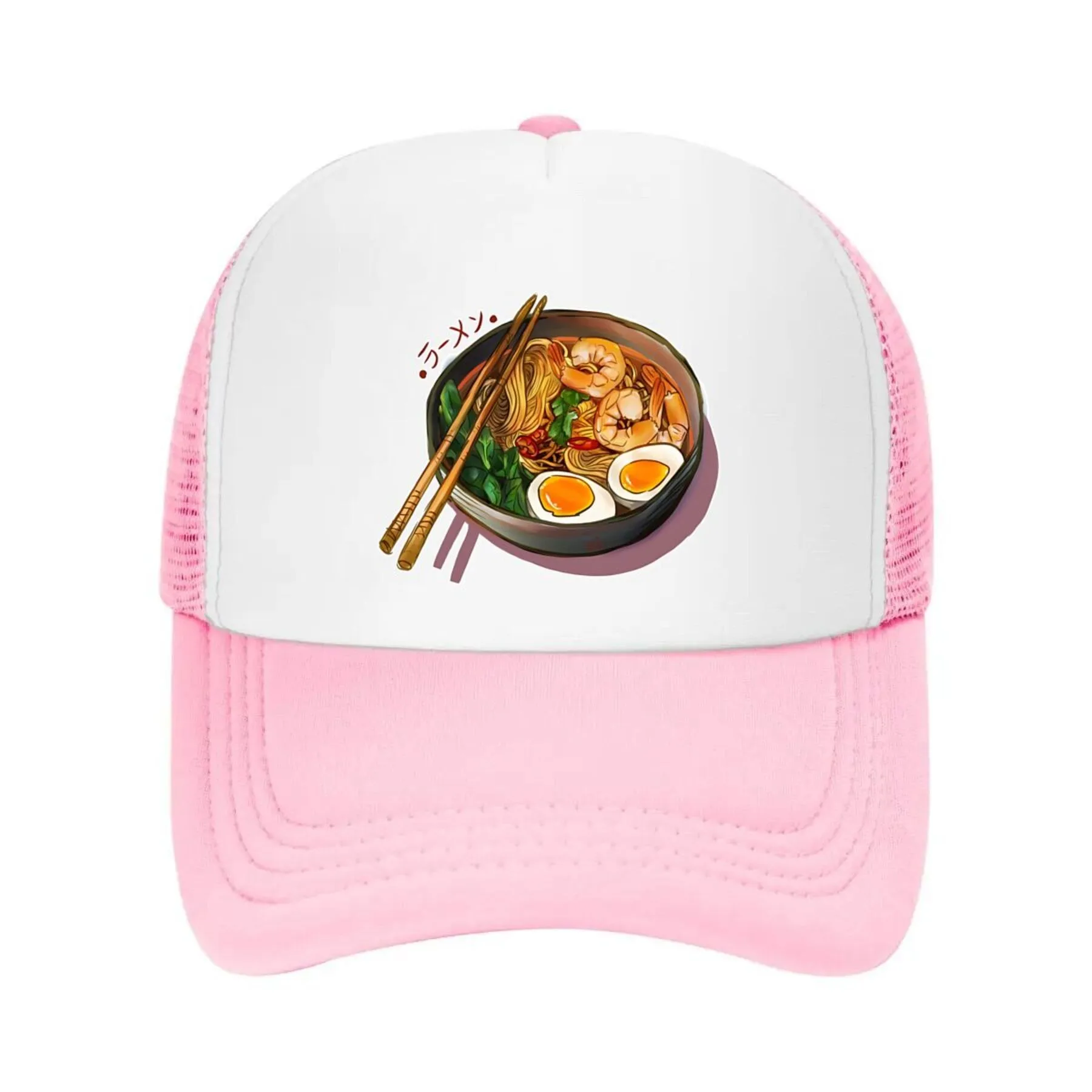 Ramen Shrimp Bowl Graphic Trucker Hat Pink Mesh Verstellbare Baseballkappe für Unisex Outdoor Freizeitkleidung