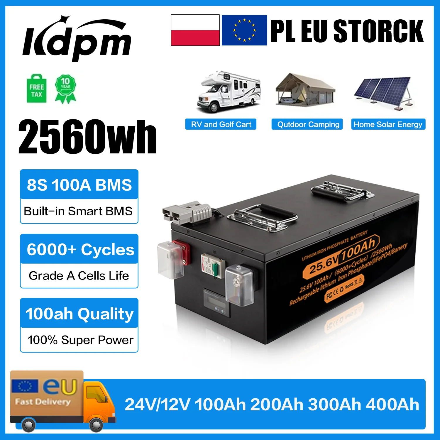 Batterie LiFePO4 Neuve 12V 24V 100Ah 200Ah 300Ah 400Ah avec BMS 100A, 6000+ cycles, pour Onduleur Solaire, VR, Néon