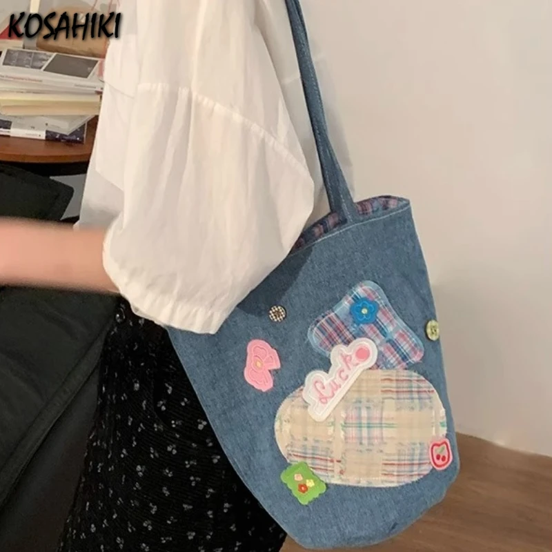 

Patchwork Plaid All Match Jeans Bag Trendy Fashion Y2k Aesthetic Underarm Bag Casual Office Lady Shoulder Handbags Women Korean