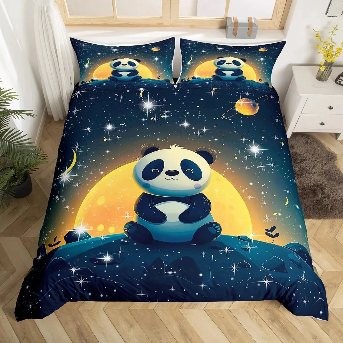 Cartoon Panda Duvet Cover Cute Space Panda Comforter Cover Full for Kids Boys Girls Room Galaxy Starry Sky Animal Bedding Set