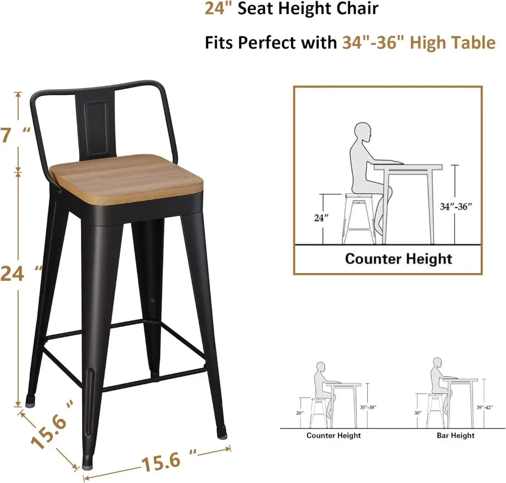 Metal Bar Stools Set of 4 Counter Height Bar Stools Barstools with Removable Back 24" Kitchen Bar Stools with Wooden Seat