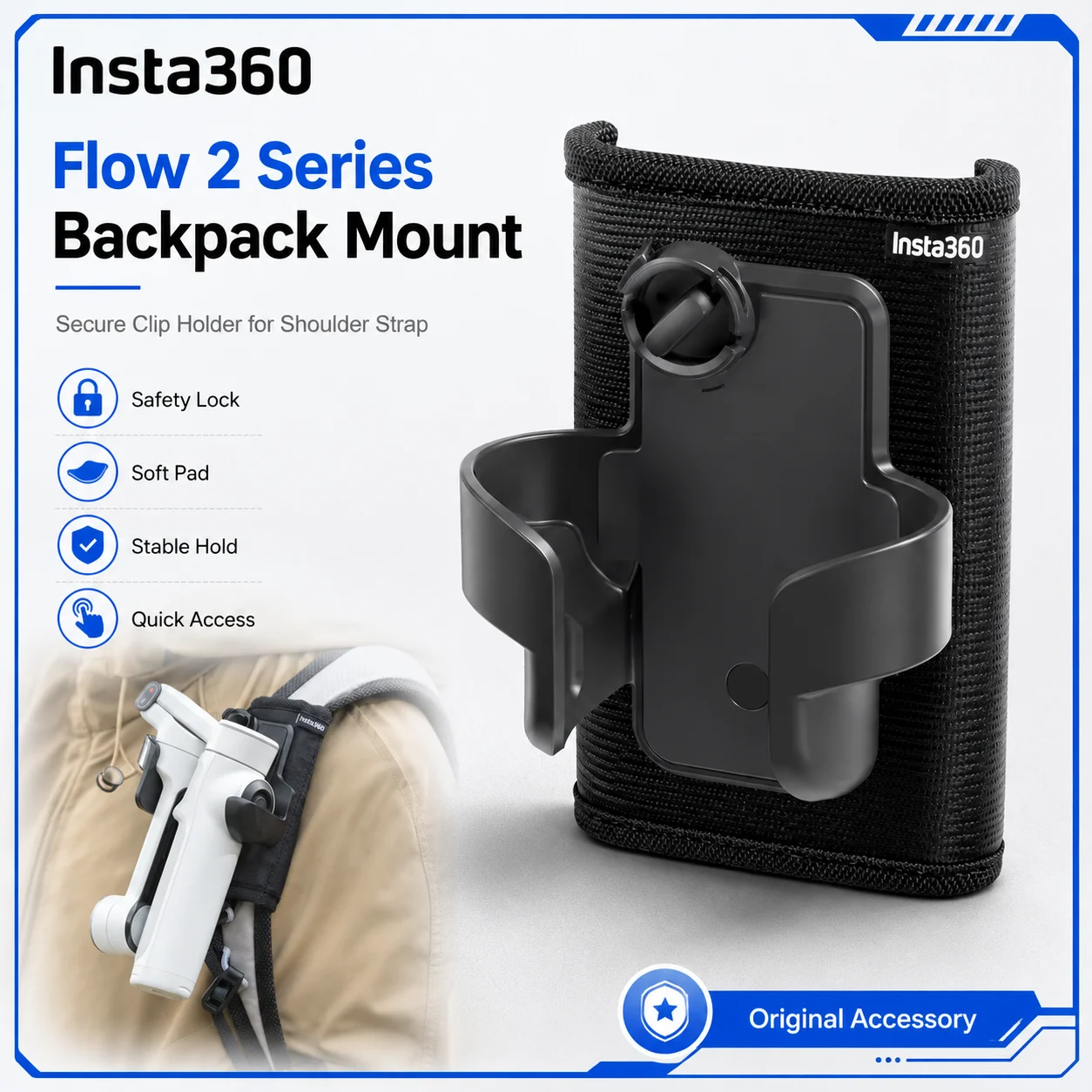 Insta360 Flow 2 Series Backpack Mount Gimbal Strap Clip Holder with Safety Lock Soft Pad for Shoulder Strap