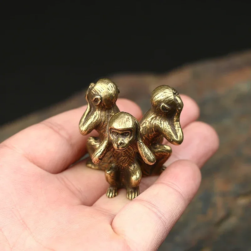 Solid Brass Three Monkey Tea Pets,Copper Sculpture,Desk Decoration Kawaii Accessories Vintage Home Decor,Fairy Garden Miniatures
