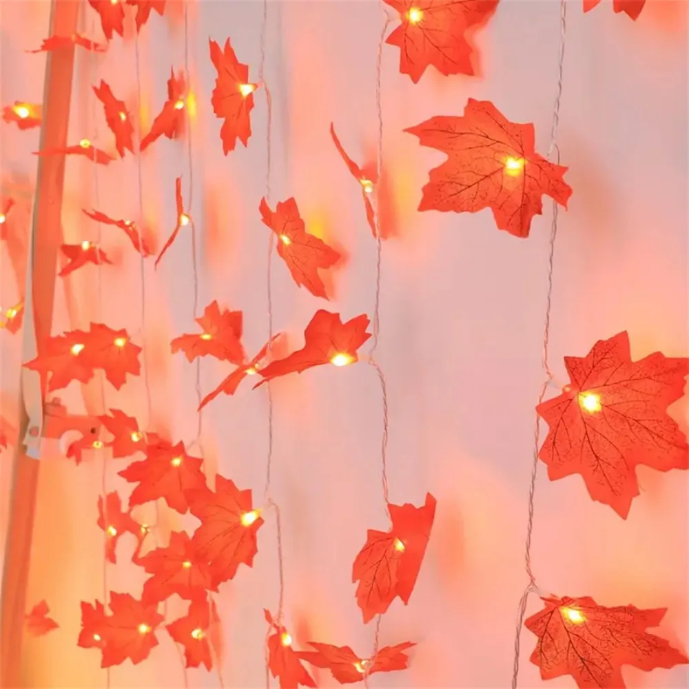 1PC 1.5M10LED/3M20LED Halloween red maple leaf light string,battery powered(without battery),used for autumn harvest decoration