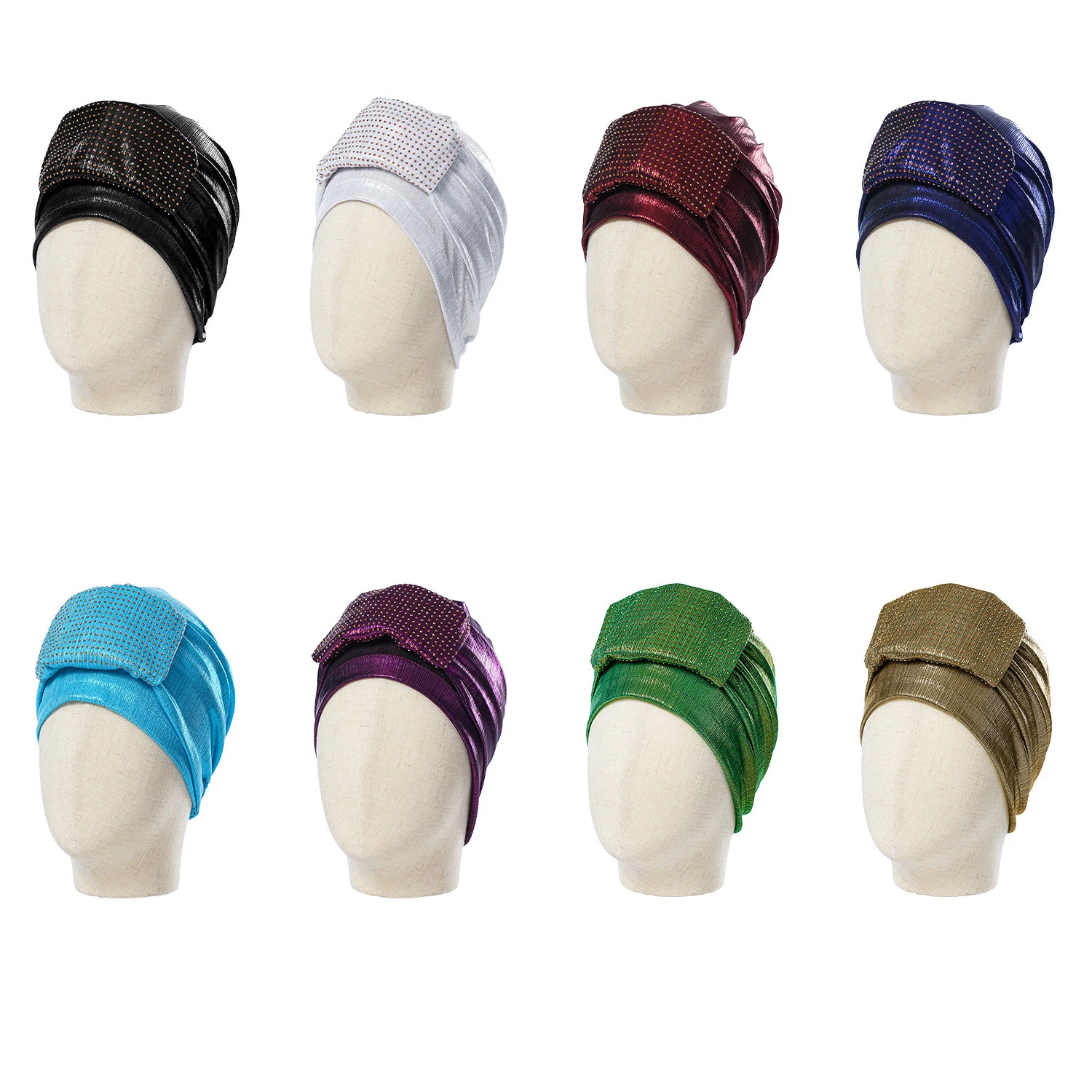 

African Headpiece Auto Gele Headtie Diamonds Pleated Hat Muslim Hijab Women Wedding Party Headgear Bonnet Cap Head Wraps Mujer