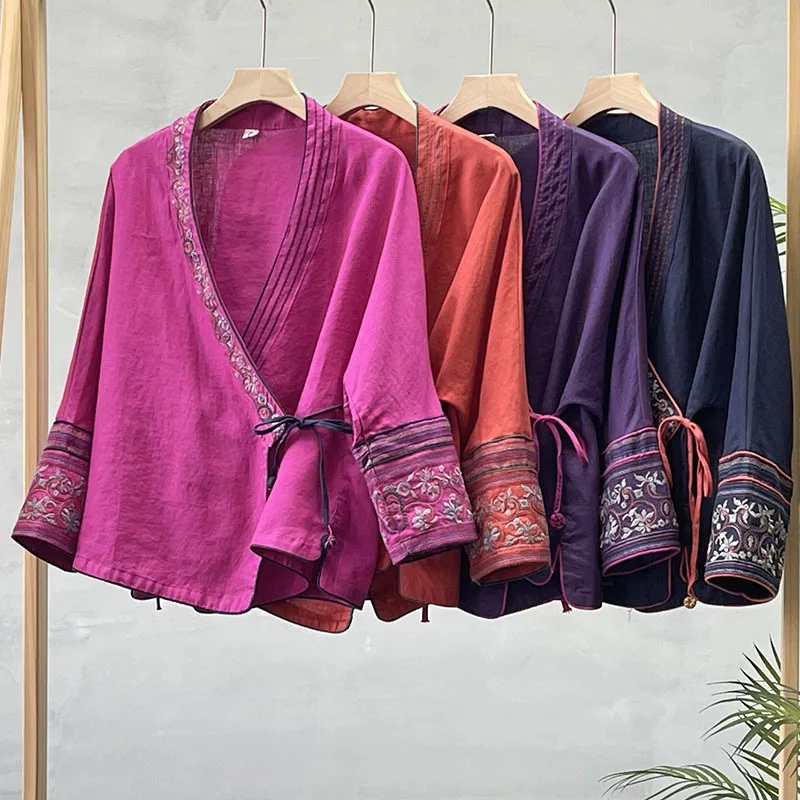 2023 Autumn New Chinese Style Women Blouse Cotton and Linen Embroidery Women Comfortable Shirt Cross Neck Oriental Hanfu Tops