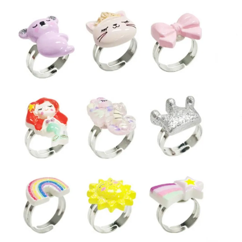 

5PCS Multi-color Adjustable Cartoon Rings For Girls Gift Doll Dress Up Accessories Party Favors Kids DIY Crafts Toy Random New