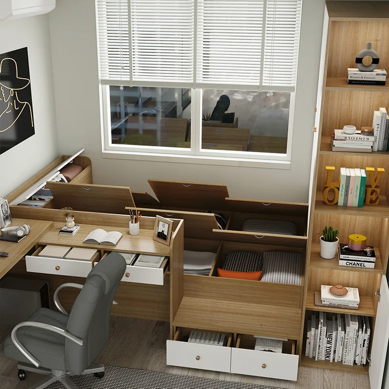 Tall box tatami bed with desk and wardrobe, integrated bed, panel stepping rice, small room single bed