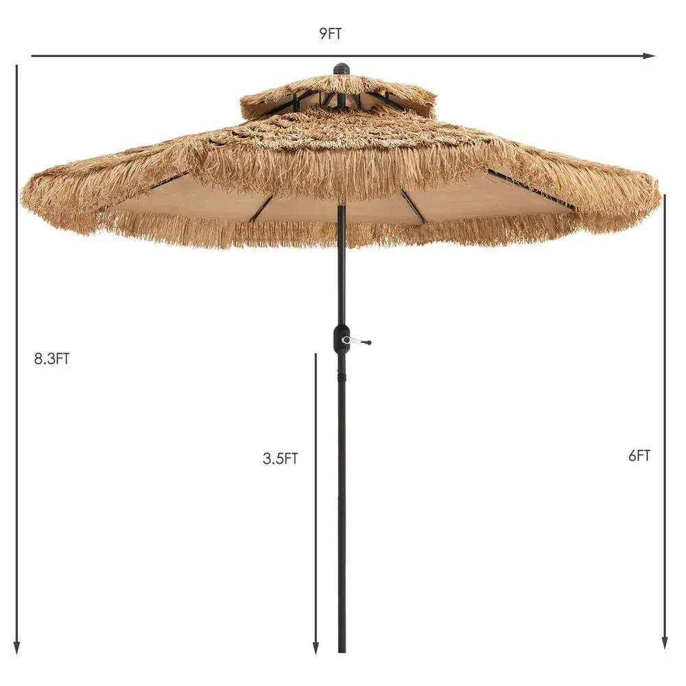 9 ft Thatched Tiki Patio Umbrella Beach Pool Sun Shade 2 Tier Hawaiian Crank