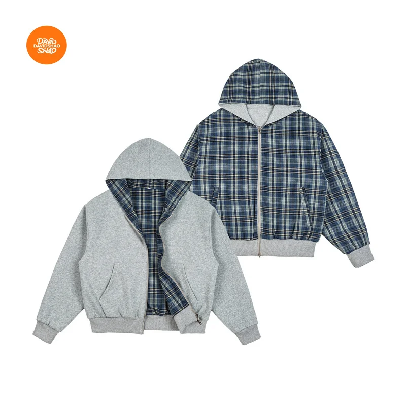 

DAVIDSHAO EU US Size Top Quality Autumn Winter Checkered Patchwork Reversible Jacket Oversized Hooded Jacket