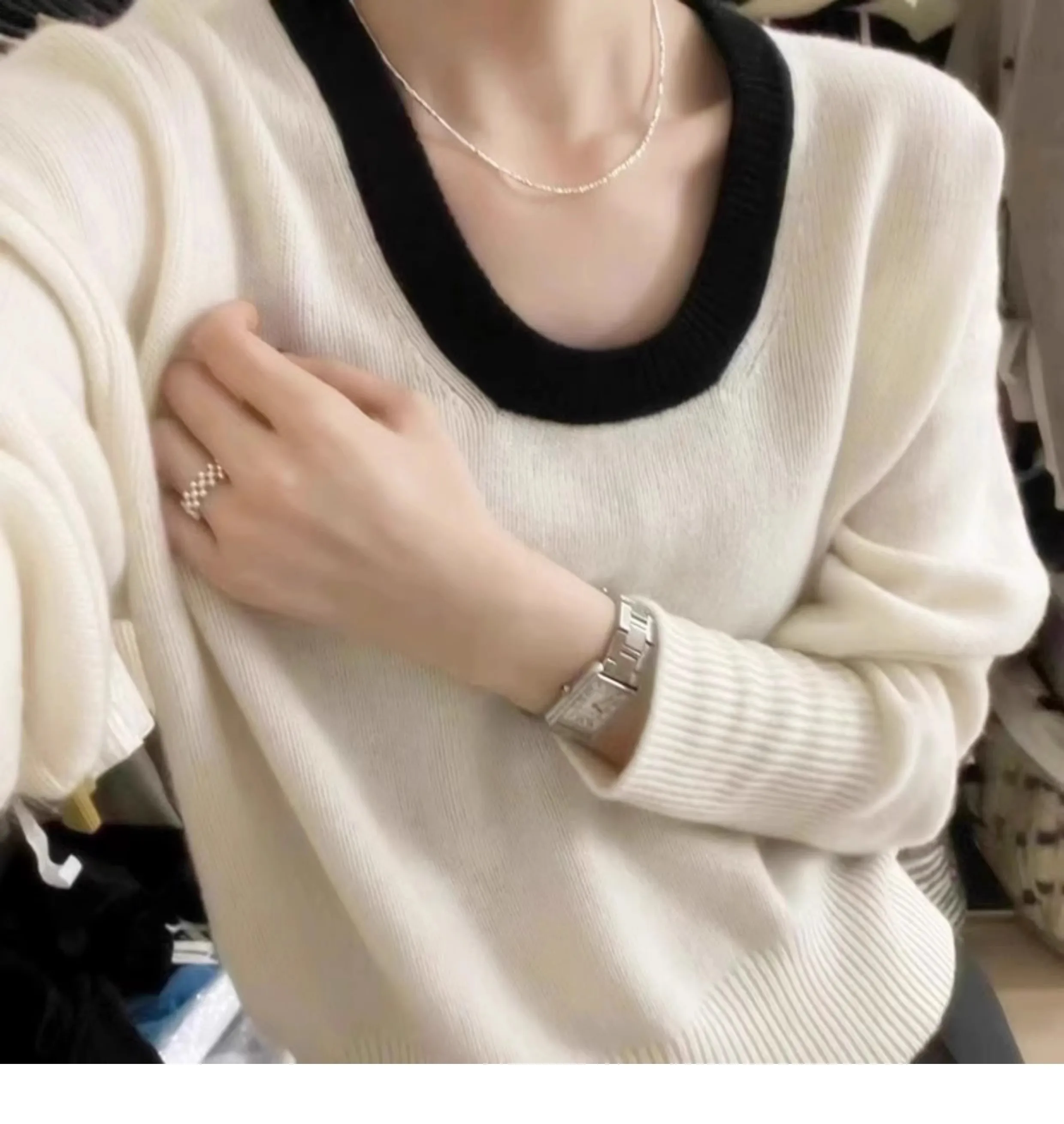 

European goods low collar 100 pure mountain cashmere sweater loose short soft waxy white high-end waist bottoming sweater for wo