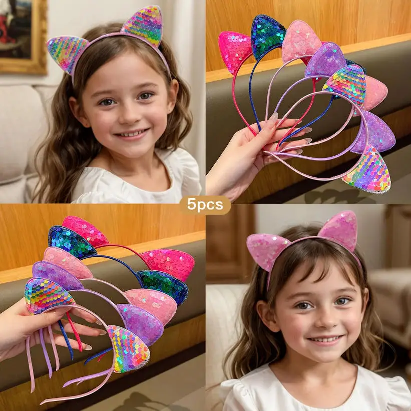 

5 cute color sequins Cat's ears (Steamed cat-ear shaped bread) headband Sweet hair clip for daily use