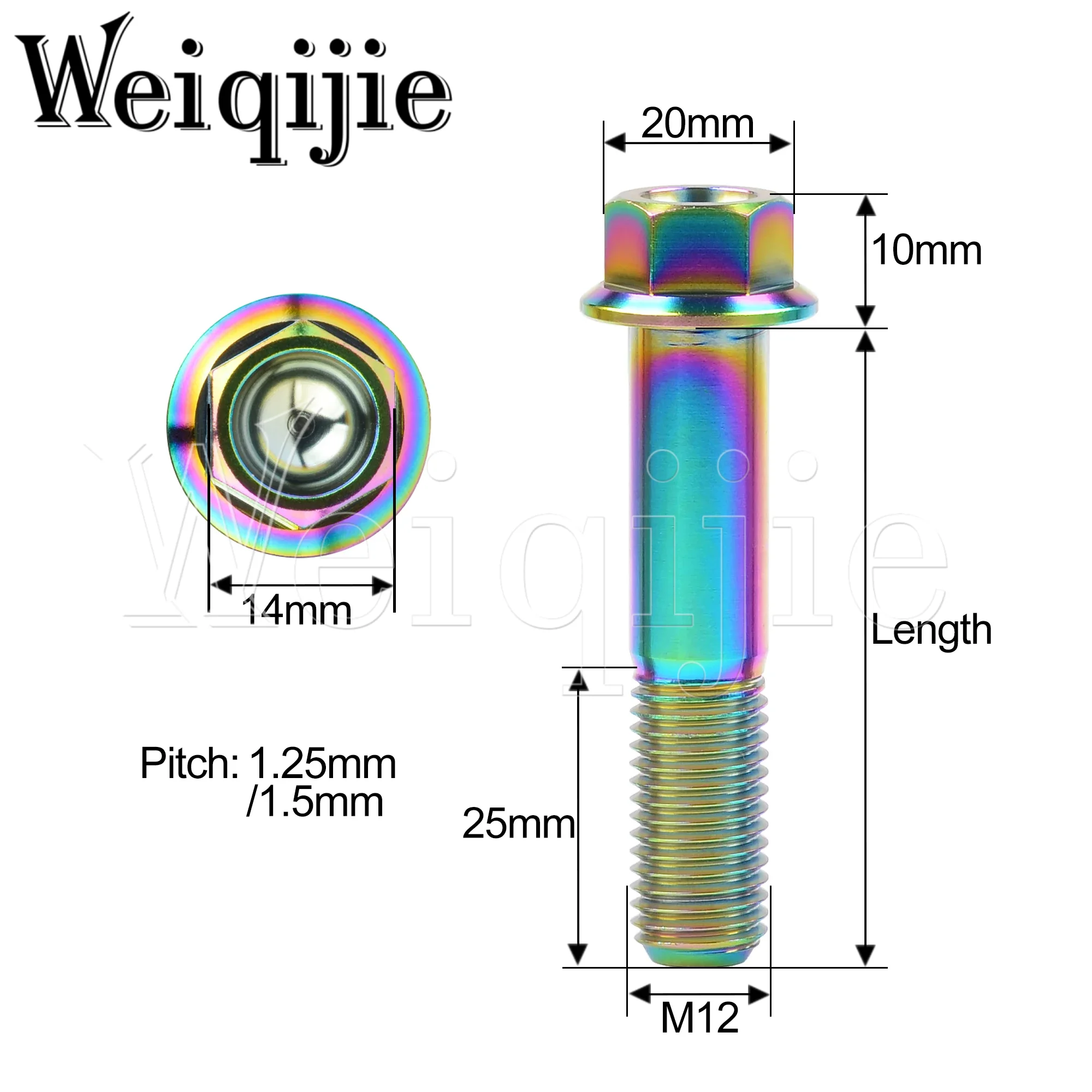 Weiqijie 6pcs Titanium Bolt M12 X 30 35 40 45 50 55 60 65 70 75 80 85 90mm Pitch 1.25/1.5mm Motorcycle Repair Modification Screw