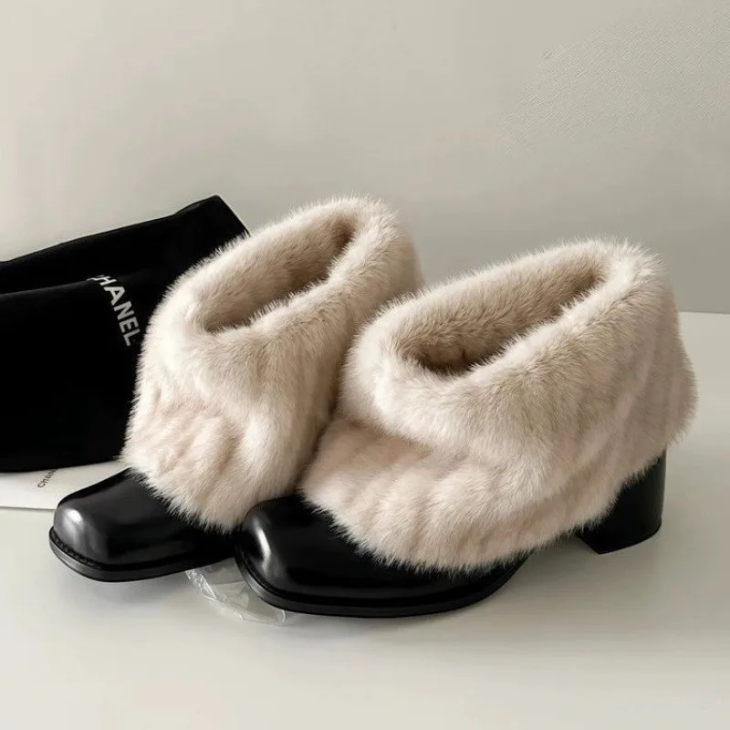 

New Fashion Furry Lambwool Women Mary Jane Shoes Elegant Square Toe Slip on High Heels Shoes Autumn Warm Ladies Thick Heel Shoes