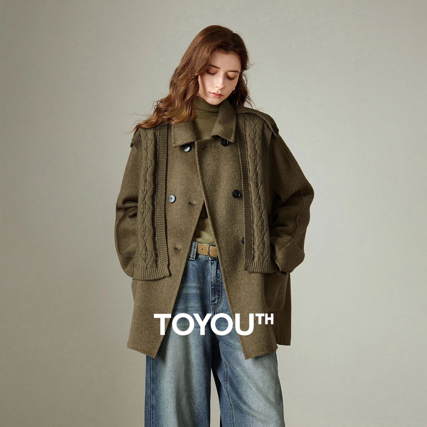 TOYOUTH Women 100% Woolen Coat 2025 Winter New Turn Down Collar Retro Double Sided Single Breasted Button Medium Long Coat
