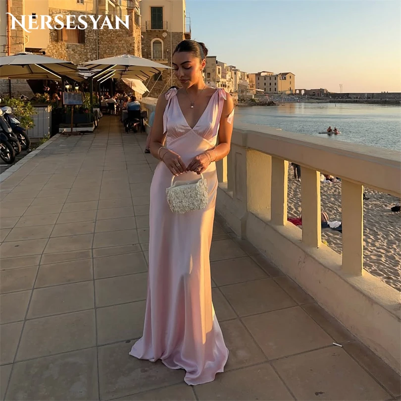 

Nersesyan Blush Pink Mermaid Evening Dresses Bow Straps Bow Formal Dress Backless Satin Bridesmaid Guest Party Gowns Customized