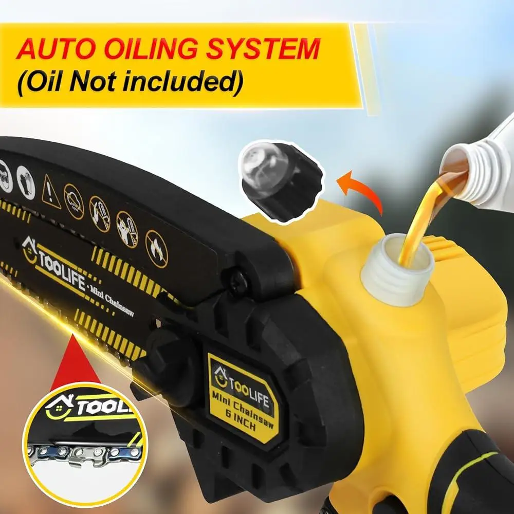 Cordless Mini Chainsaw 6 Inch Electric Tree Trimmer with 2 Batteries Auto Oiling System Lightweight Portable Wood Cutter