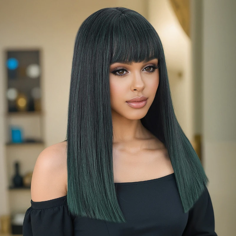 Women's Black Gradient Dark Green Synthetic Wig