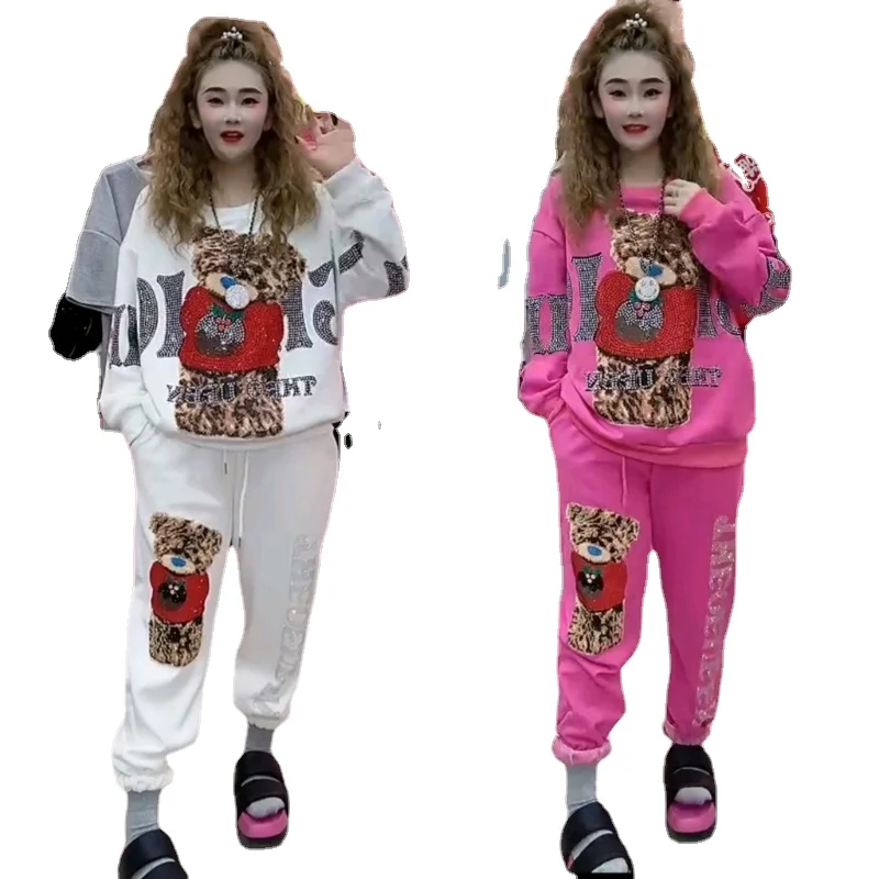 Two Piece Sets Womens Outifits Heavy Industry Hot Drilling Thickened Fleece Sweatshirts Cartoon Bear Loose Top Pants Casual Suit