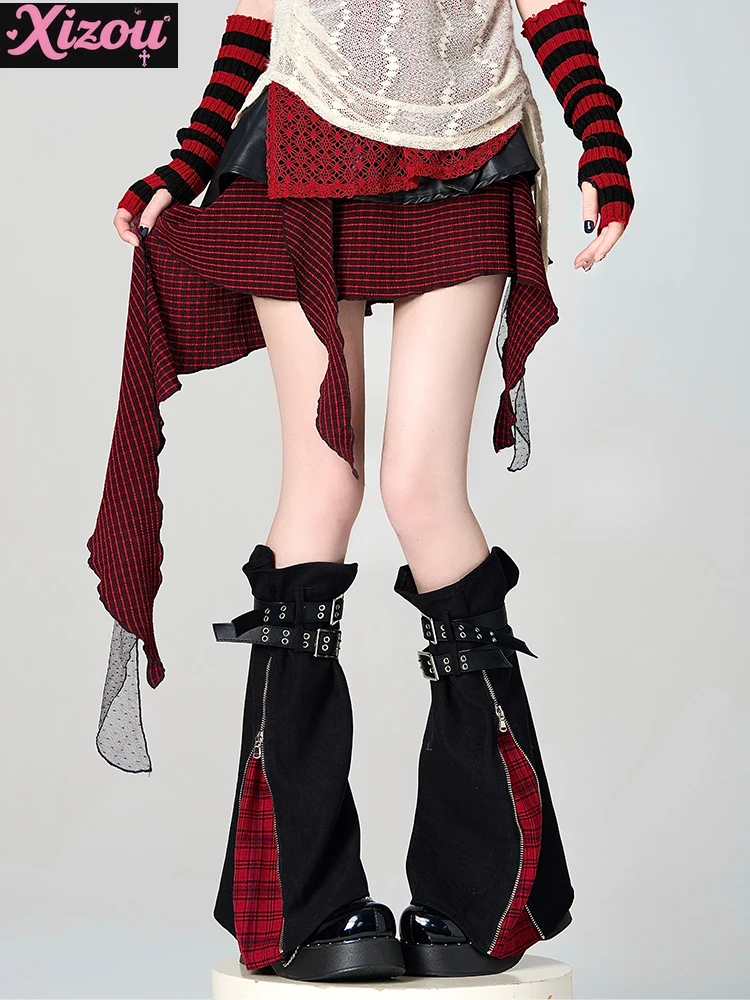 

Japanese Subculture Black and Red Babes Wide-leg Socks Y2k Zipper Design Jk Uniform Pile Denim Rock Punk Belt Leg Cover Women
