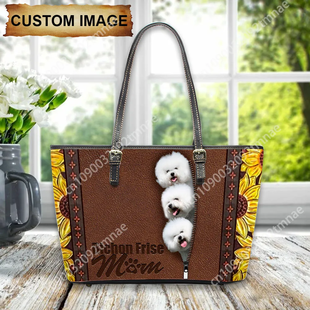 New Custom Design Handbag Bichon Frize Pattern Shoulder Bags Women Vintage Top-handle Tote Custom Name Fashion PU Leather Clutch