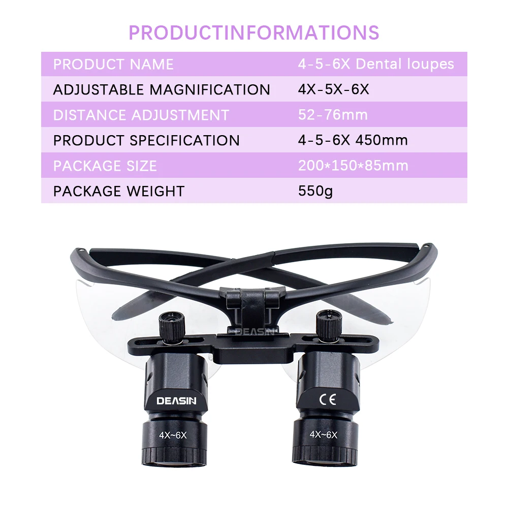 DEASIN 4X 5X 6X Dental 48° Loupes Dental Magnifier Dental Surgery Medical Loupe Magnification Binocular 300-600mm