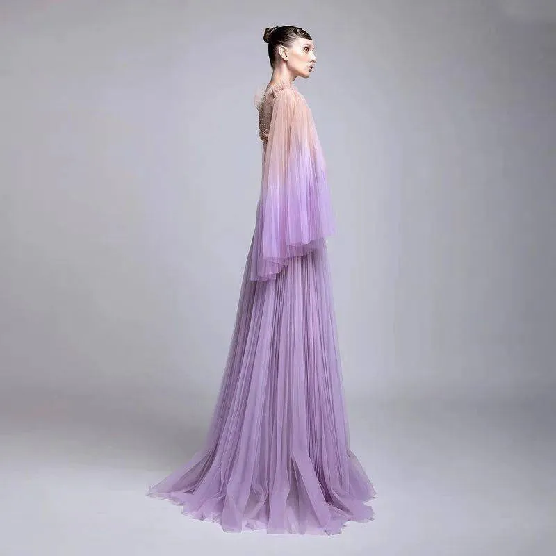 Vintage Tulle Long Sleeve Evening Party Dresses Beaded Prom Gowns 3D Floral Goddess Style Maxi Dress Lilac Sheer Luxury