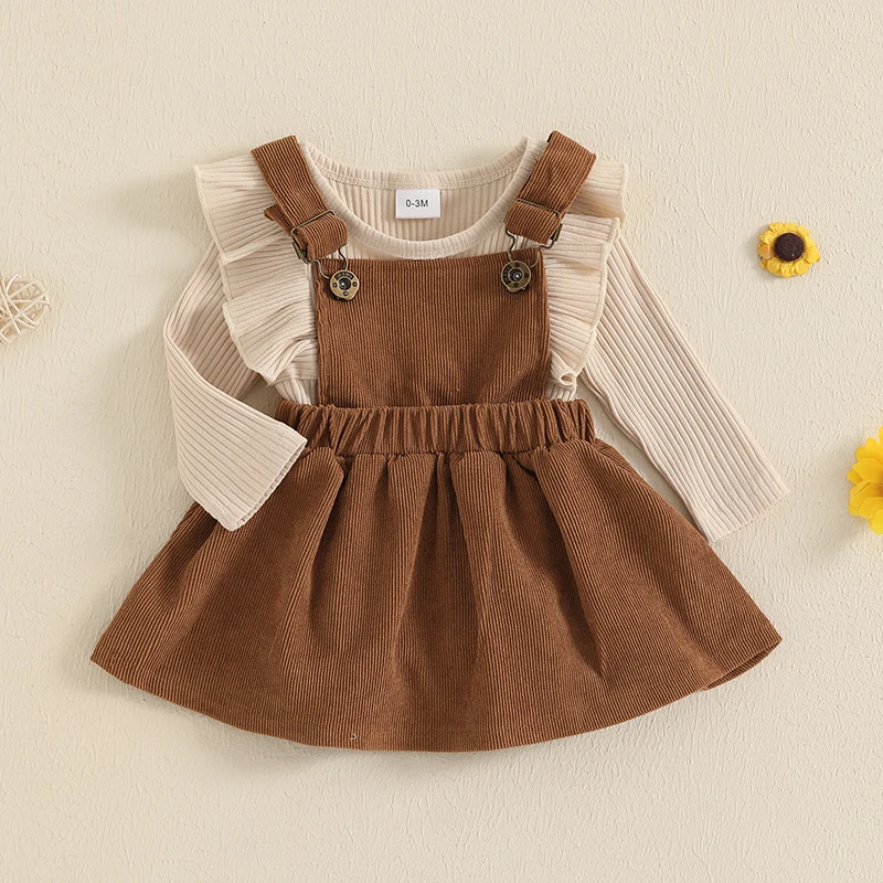 VISgogo 0-18 Months Baby Girl Fall Outfit Solid Ruffled Long Sleeve Crew Neck Romper with Corduroy Suspender Skirt 2 Pcs Set